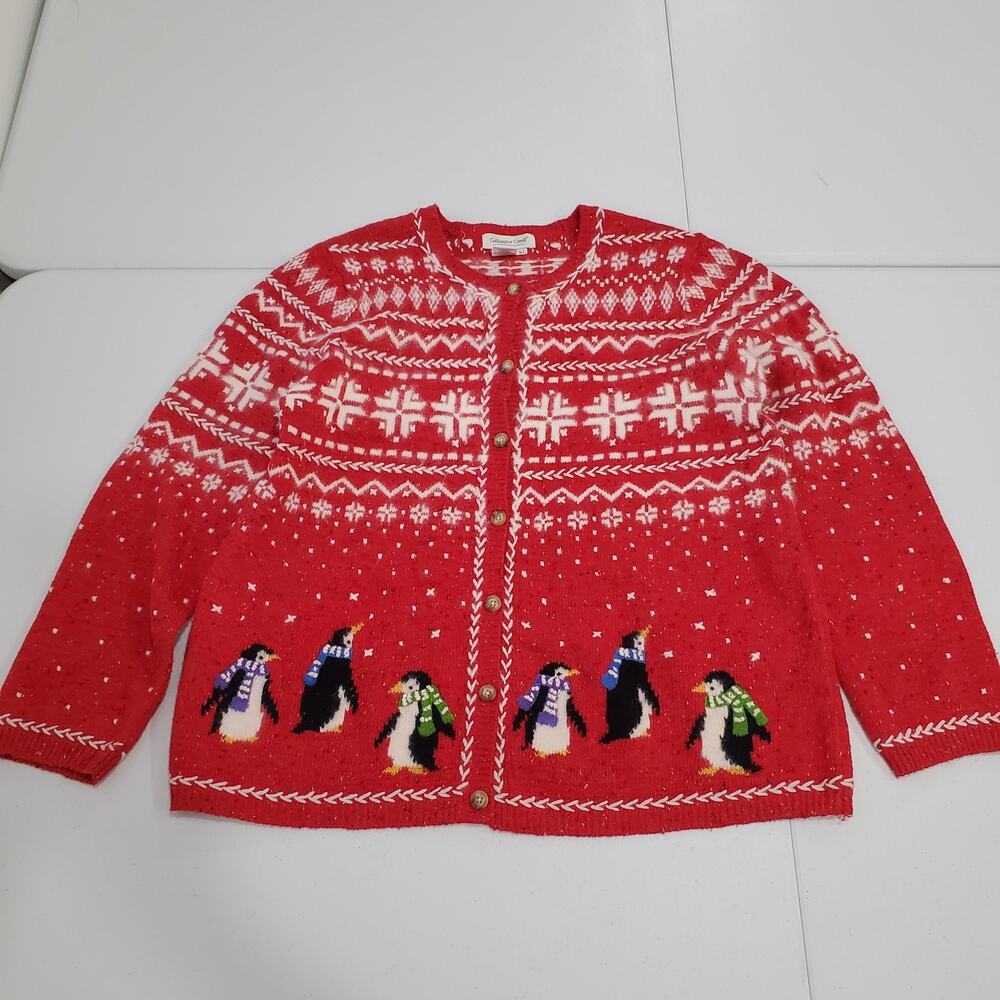 Vtg Coldwater Creek Cardigan Sweater Womens XL Red Penguin Christmas Fair Isle